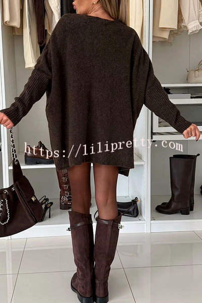 Warm Touch Knit Long Batwing Sleeve Pocket Oversized Sweater Mini Dress