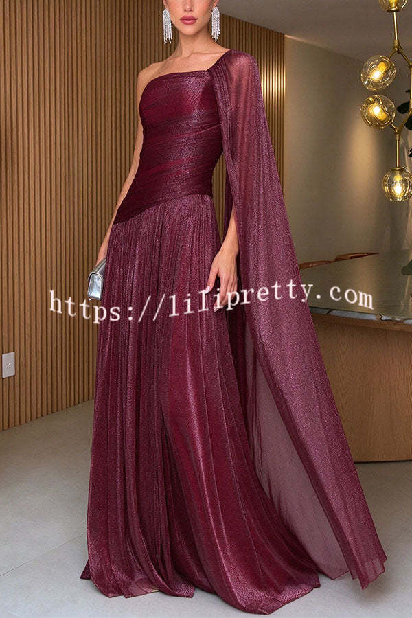 Maison Lurex Shimmer Ethereal One-Shoulder Draped Maxi Dress