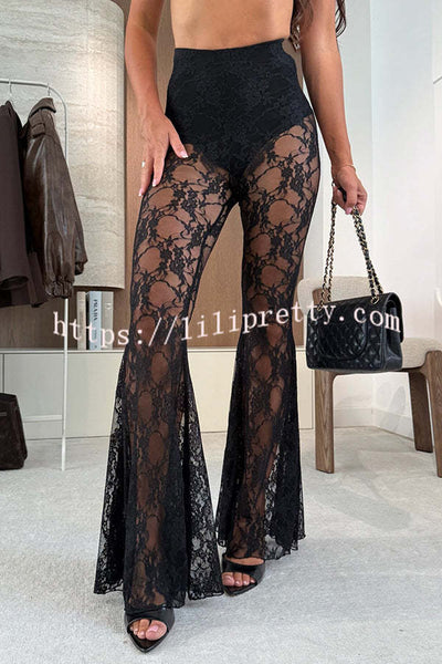 Chic Moment Floral Lace High Rise Elastic Waist Fishtail Hem Stretch Pants