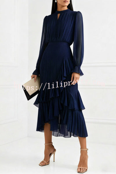 Solid Color Round Neck Long Sleeve Fitted Waist Pleated Ruffle Midi Dress