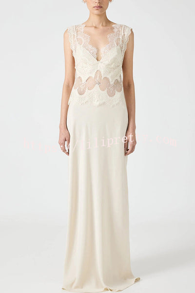 Wonderful Fusion Satin Lace Trim See-through Waist V-neck Drape Maxi Dress