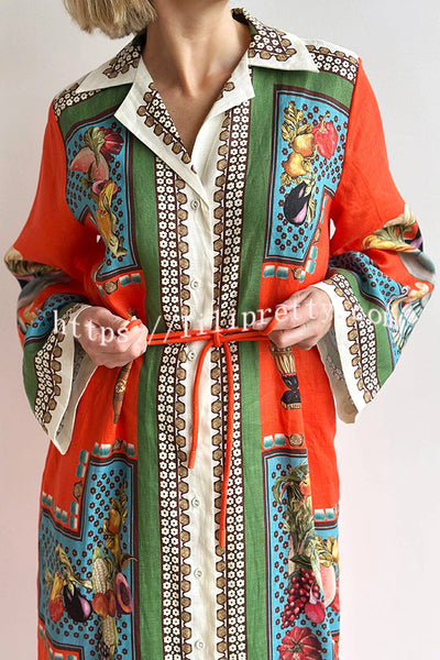 Linen Blend Unique Print Tie-waist Casual Maxi Dress