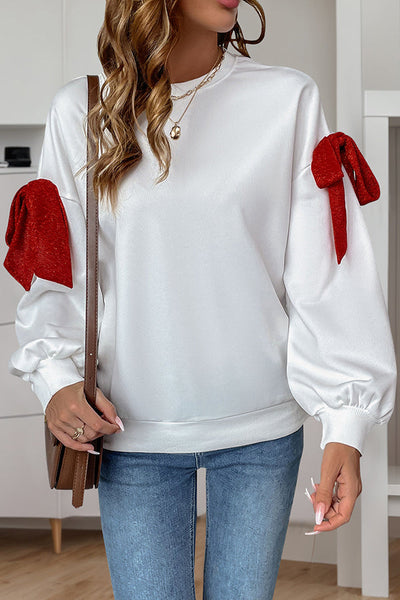 Christmas Contrast Bow Decoration Round Neck Long Sleeve Loose Sweatshirt