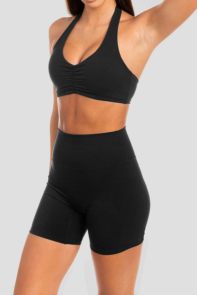 Fashionable Sports Yoga Style Halterneck Top and Stretch Slim Shorts Set