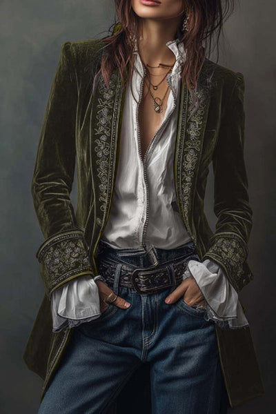 Gold Velvet Patchwork Printed Edge Long-sleeved Casual Jacket