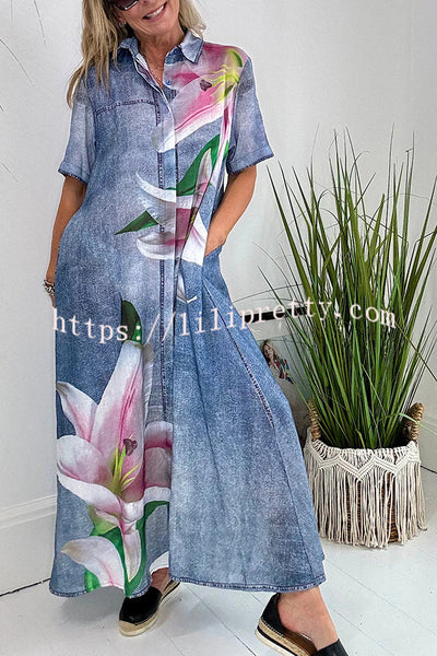 Carleen Faux Denim Fabric Orchid Print Pocketed Shirt Maxi Dress