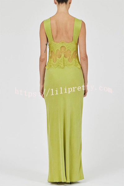 Effortless Elegance Satin Sheer Lace Patchwork V-neck Drape Maxi Dress