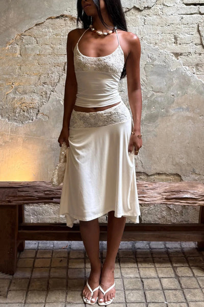 Solid Color Patchwork Lace Halter Neck Fitted Top and Elegant Knee-length Skirt Set