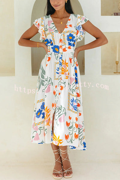 Boho Floral Print Buttoned V-neck Midi Dress