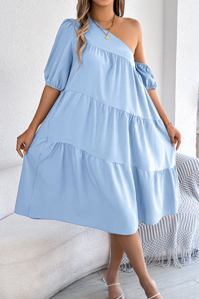 Solid Color Loose Slash Neck Short-sleeved Casual Midi Dress