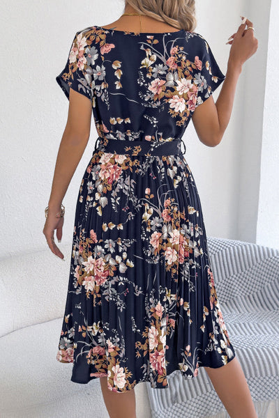 Floral Print Round Neck Fitted Waist Tie Pleated Midi Dress