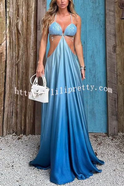 Cleo Sequin Chain Detail Gradient Print Back Tie-up Vacation Maxi Dress