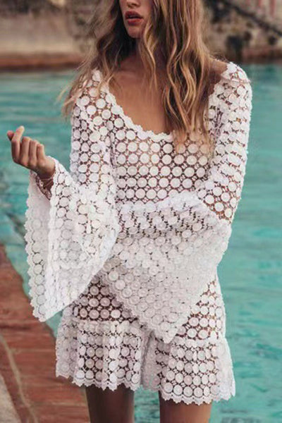 Fashion Backless Bell Sleeve Holiday Cover-up Mini Dress