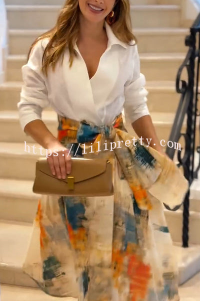 Jiles Linen Blend Unique Contrast Print Long Sleeve Tie-up Pocket Shirt Midi Dress