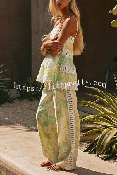 Summer Elegant Printed Curved Crochet Trim Camisole Top and Elastic Waist Casual Pocket Wide-leg Pants Set