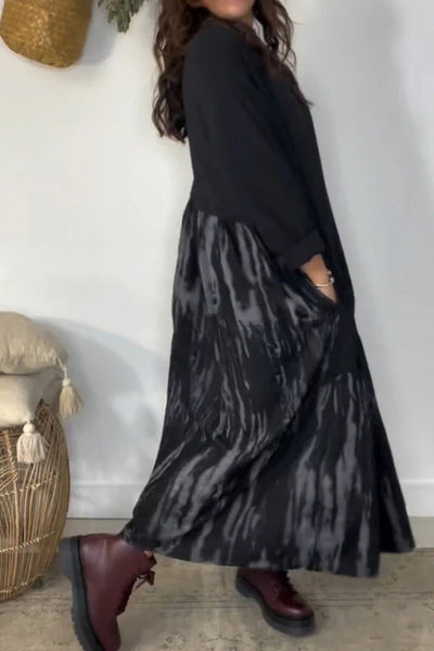 Fashionable Tie-dye Patchwork Round Neck Long Sleeve Pocket Loose Maxi Dress
