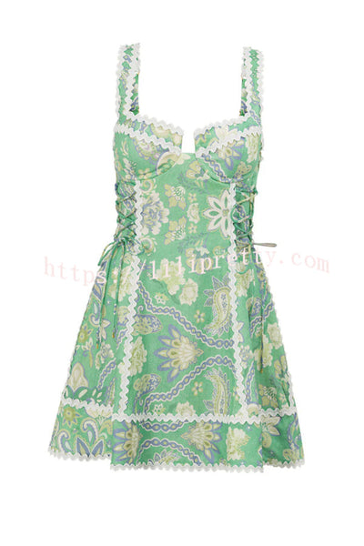 Unique Printed Serrated Trim Suspender Side Tie Vacation Mini Dress