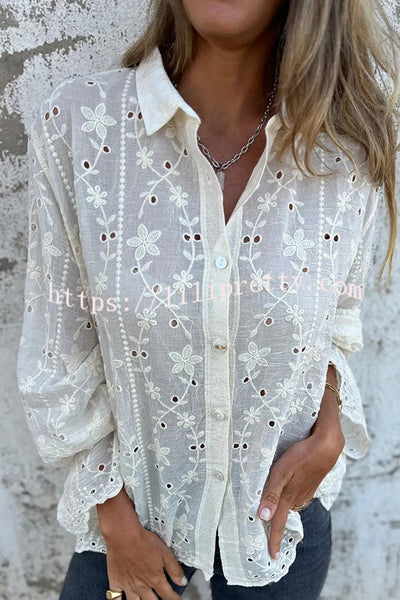 Embroidered Plant Long Sleeve Lapel Hollow Casual Shirt