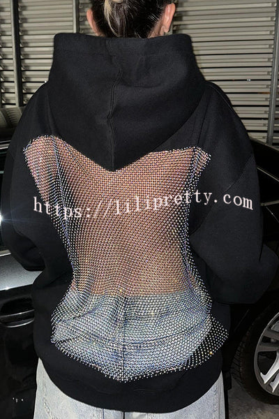 Fashionable Shiny Mesh Hollow Back Loose Long-sleeved Hooded Sweatshirt