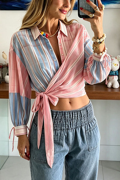 Plaid Wrap Tie Long Sleeve Shirt