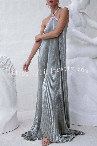 Elegant and Gorgeous Shimmer Fabric Halter A-line Maxi Dress