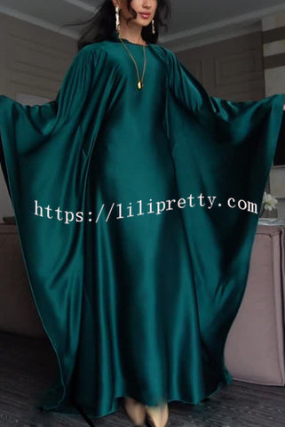 Dignified and Elegant Satin Batwing Sleeve with Waist Tie Design A-line Maxi Dress