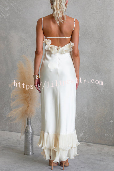 Bella Satin Pleated Chiffon Ruffle Details Slip Maxi Dress