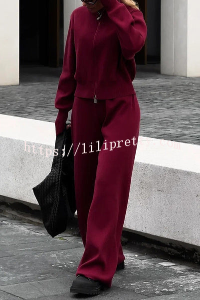 Effortlessly Stylish Ribbed Zipper High Neck Sweatshirt and Elastic Waist Pocketed Loose Pants Set
