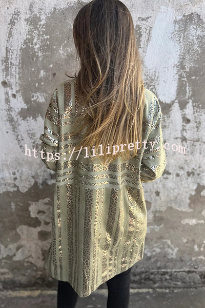 Fashionable Gold Foil Leopard Print Suede Long Sleeve Loose Pocket Midi Coat