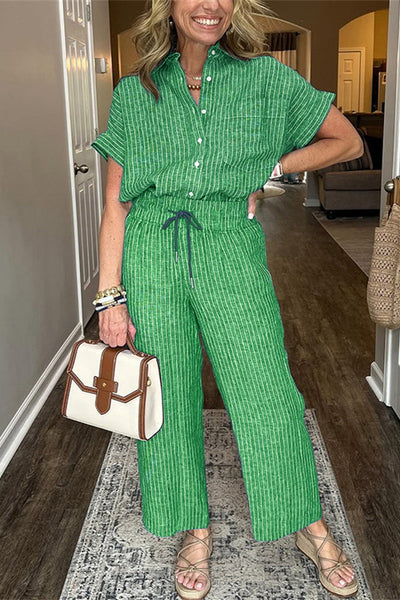 Fashion Striped Print Lapel Short-sleeved Shirt and Elastic Waist Pocket Casual Pants Set
