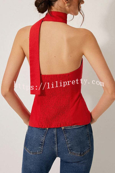 Rima Linen Blend Asymmetric Halter Neck Button Smocked Vest