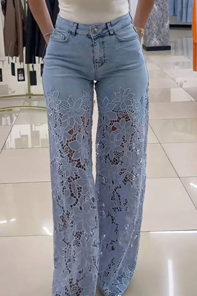 Fashion Hollow Lace Stitching Casual Pocket Denim Wide-leg Pants