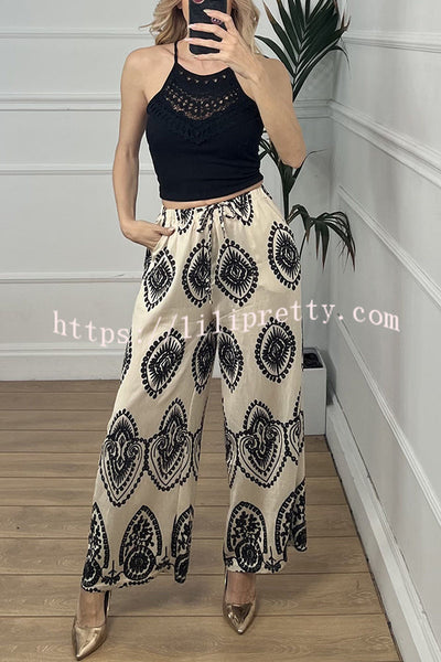 Unique Print Elastic Waist Casual Pocket Wide Leg Pants
