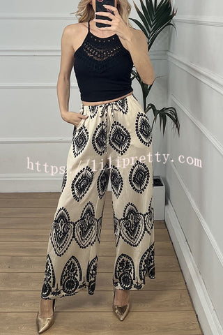 Unique Print Elastic Waist Casual Pocket Wide Leg Pants