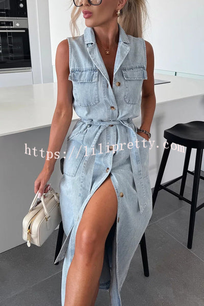 Solid Color Sleeveless Single Breasted Waist Tie Casual Pocket Denim Midi Dress