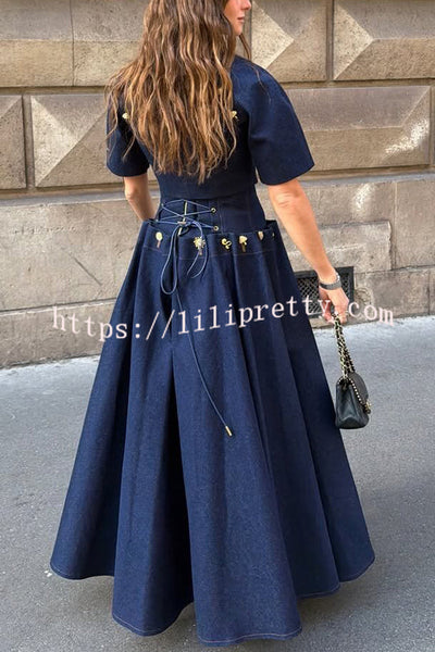 Custom Look Denim Unique Metal Pattern Buttons Lace-up Waist Crisp Hem Maxi Skirt