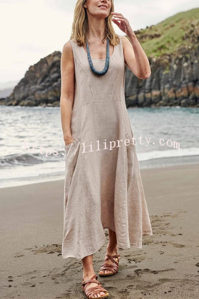 Solid Sleeveless Pocket Loose Comfort Midi Dress