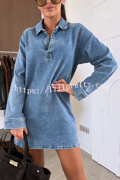 Fashion Lapel Long Sleeve Loose Denim Mini Dress