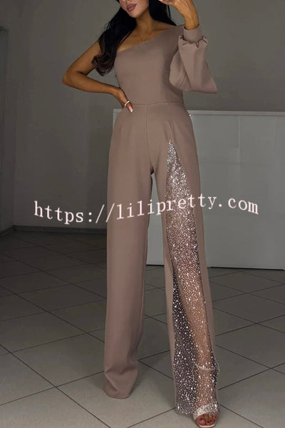 Carlisle One Shoulder Slit Lantern Sleeve Sequin Patchwork Wide Leg Party Jumpsuit