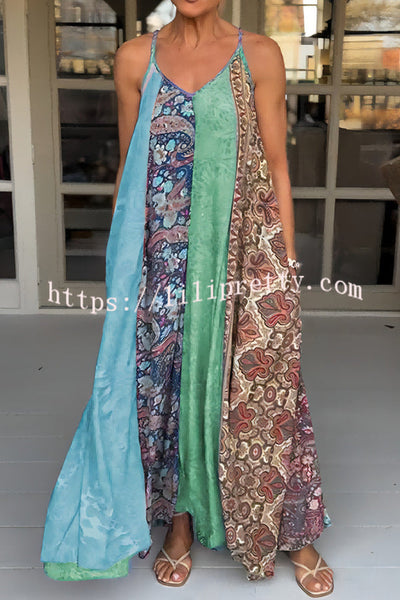 Unique Printed Loose Holiday Strap Big Hem Maxi Dress