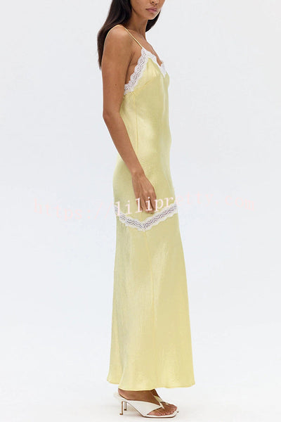 Sweet Trend Satin Lace Trim V-neck Slit Slip Maxi Dress