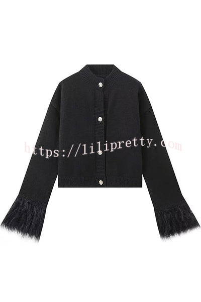 Solid Color Elegant Feather Long Sleeve Casual Knitted Cardigan