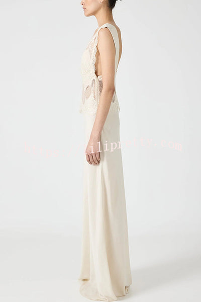 Wonderful Fusion Satin Lace Trim See-through Waist V-neck Drape Maxi Dress