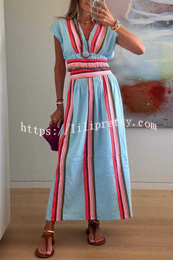 Stylish Striped Print V-neck Cropped Top and Elastic Waist Casual Maxi Skirt Set