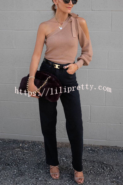 Cute and Unique Knit One Shoulder Tie-up Cutout Loose Sweater