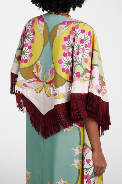 Ethnic-style Floral Pattern Tassel Trim Loose Cape Top