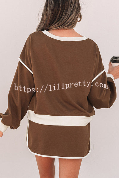 Fashion Round Neck Long Sleeve Spliced Casual Top and Elastic Waist Loose Shorts Set