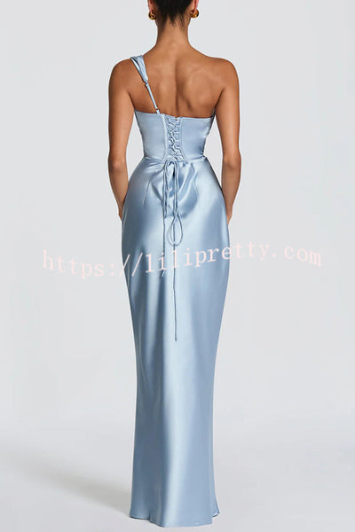 Thalassa Satin One Shoulder Scooped Neck Bias Cut Pleated Maxi Dress