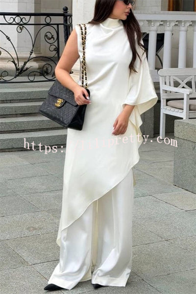 Kallena Satin High Neck Irregular Sleeves Midi Top and High Rise Pocket Loose Pants Set