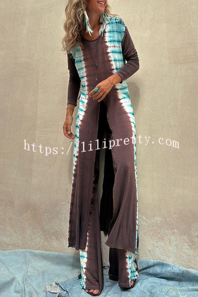 ROMA Tie-dye Print Front and Back Slit Detail Long Sleeve  Stretch Midi Top
